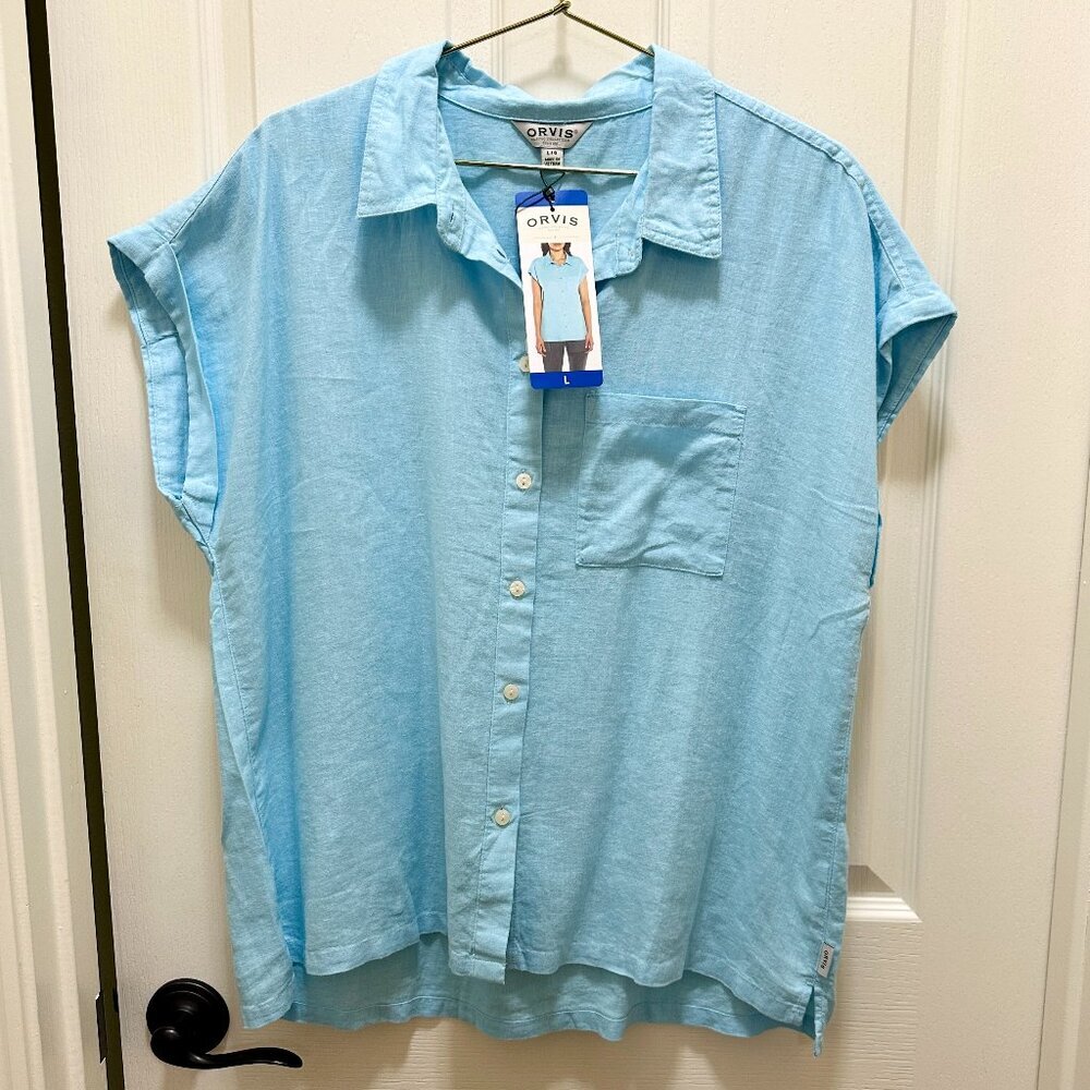 Orvis Women's Linen Blend Top Size L Blue Boho Cottagecore Feminine Coastal NEW